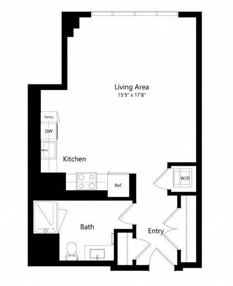 Floor plan for studio, 1 bath, 599 sqft